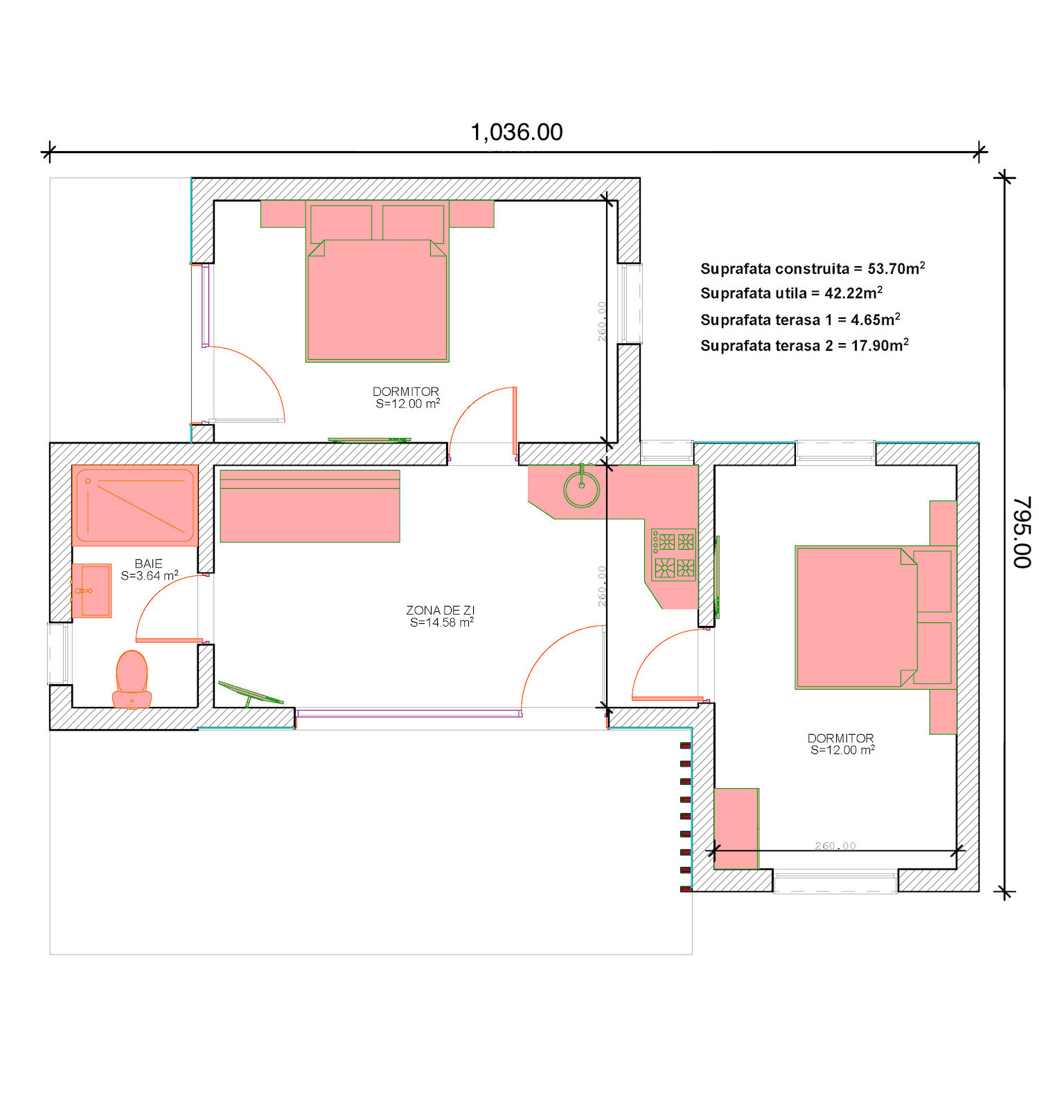 plan casa modulara mica cu doua dormitoare