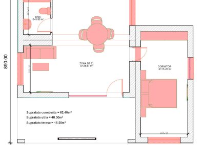 Plan casa modulara cu un dormitor.