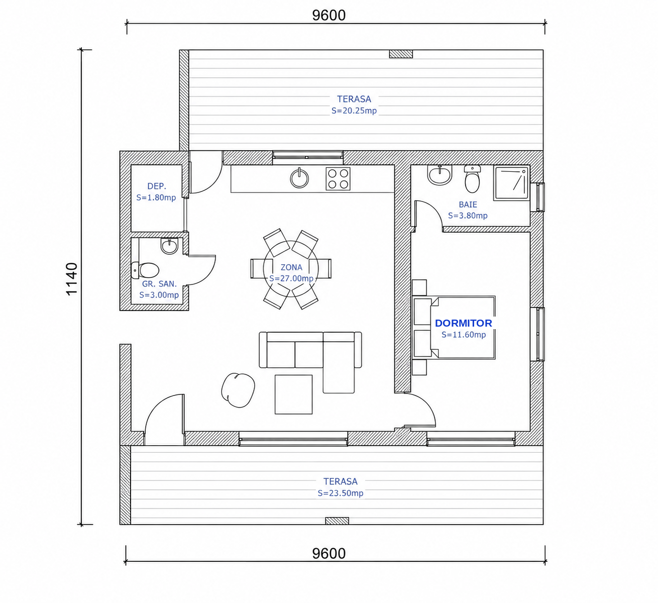 Plan Modul de bază 9,60×6,40m