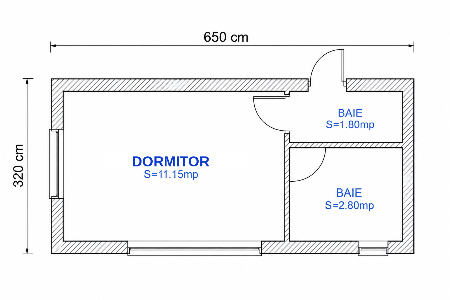 Plan Modul 2 — Dormitor 2 + Baie 6,50×3,20m